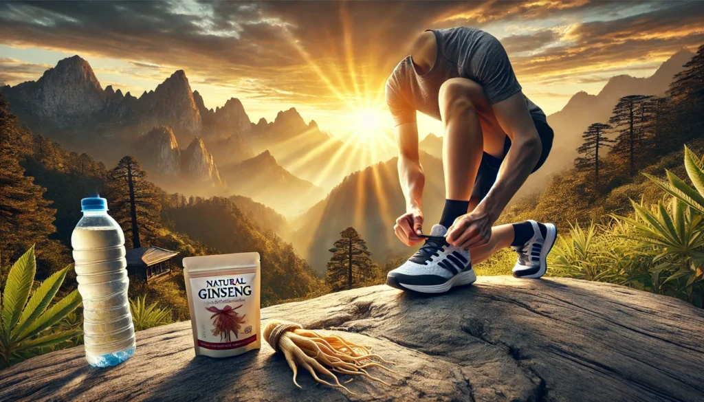 A runner tying their shoelaces on a scenic mountain trail at sunrise, with a water bottle and a small packet of ginseng powder resting on a rock, symbolizing natural endurance and sustained energy.