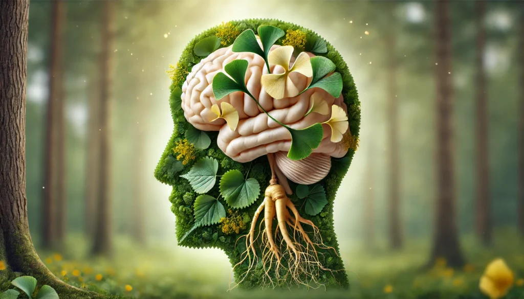 A brain-shaped arrangement made from fresh ginkgo biloba leaves and ginseng roots, symbolizing cognitive health and longevity against a natural forest backdrop.