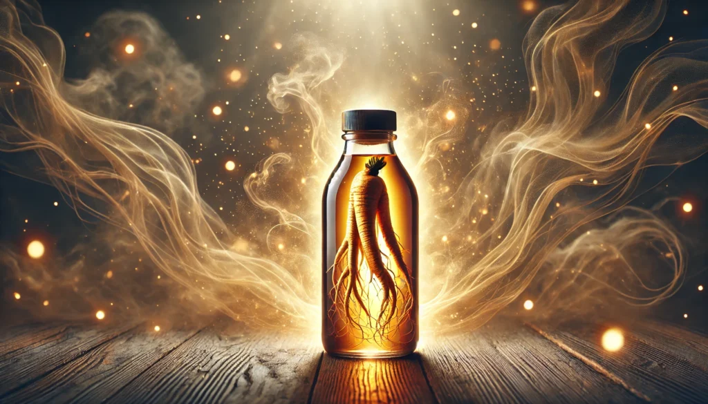 A glowing amber liquid infused with ginseng roots inside a sleek glass bottle, with ethereal mist and golden light creating a rejuvenating and mystical wellness atmosphere.