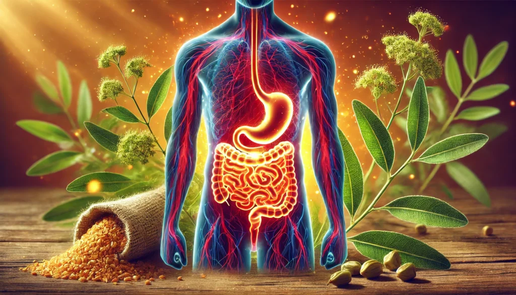 A vibrant depiction of the human digestive system with a glowing effect, symbolizing gut health, surrounded by fenugreek seeds and leaves as natural digestive aids.