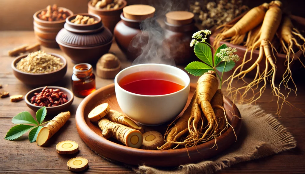 A steaming cup of Korean red ginseng tea on a wooden tray, surrounded by fresh ginseng roots and medicinal herbs, evoking a sense of warmth, relaxation, and natural healing.