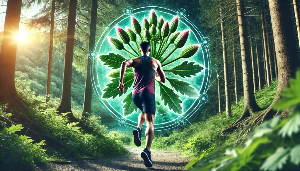 An athlete running on a forest trail, exuding strength and endurance, with lush green surroundings symbolizing sustained energy and stamina from herbal adaptogens.