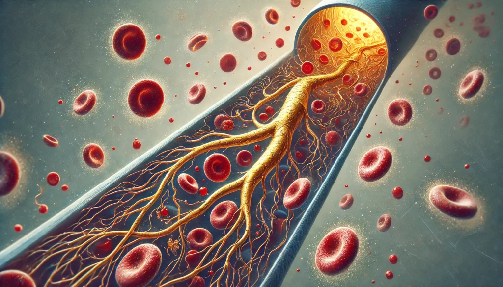 How Ginseng Affects Your Body: Drug Interactions, Blood Thinning Risks, and How Long It Stays in Your System 2 A close-up medical illustration of red blood cells flowing through a vessel, with golden ginseng elements merging into the bloodstream to depict its anticoagulant effects.