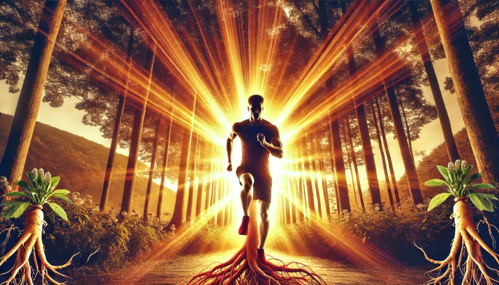 A fit man jogging through a sunrise-lit forest, symbolizing the natural energy and endurance benefits of red ginseng, with golden sunlight enhancing the scene.