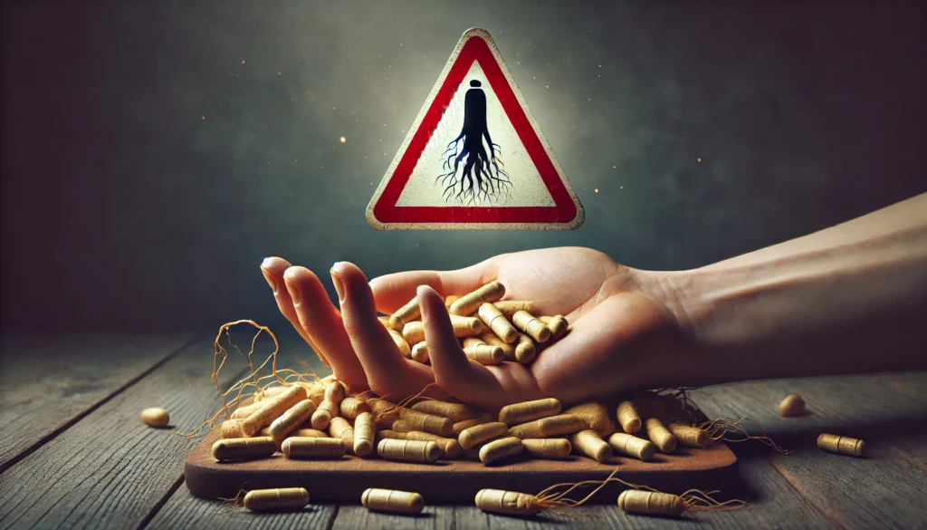 A conceptual image of the risks of ginseng supplements, featuring a hand holding ginseng capsules with a subtle red warning sign in the background, illustrating cautionary aspects of use.