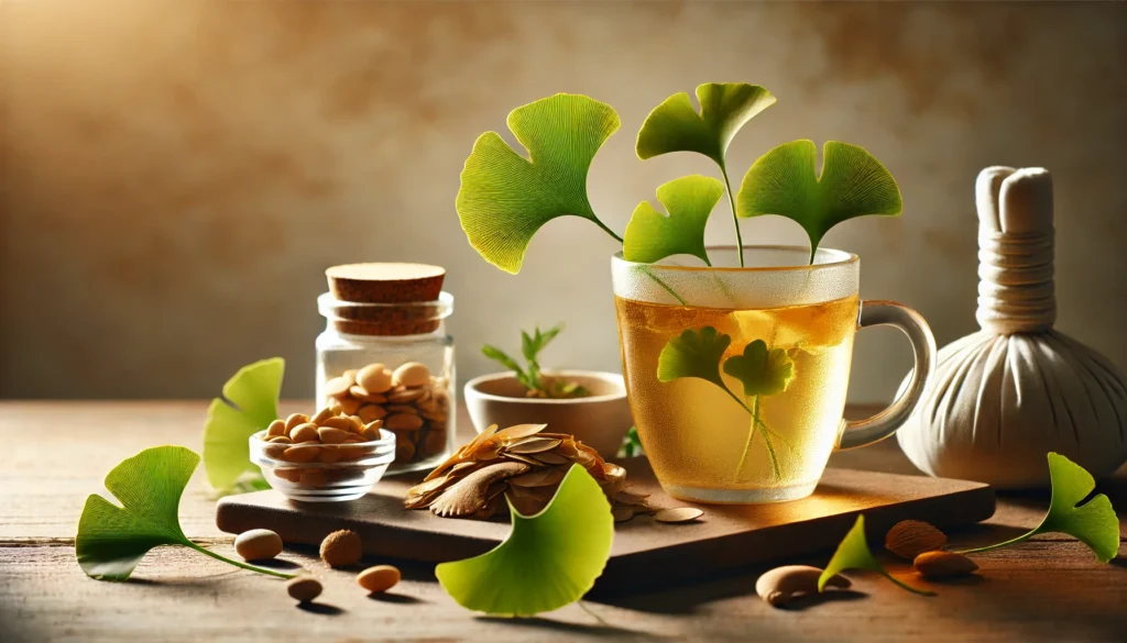 A tranquil spa-like setting featuring Ginkgo biloba leaves and a glass of herbal infusion, representing natural healing and holistic wellness.