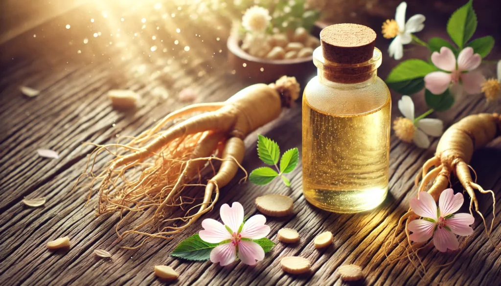 A luxurious glass bottle of ginseng-infused skincare oil placed on a wooden surface, surrounded by ginseng roots and delicate flower petals, illuminated by soft sunlight.