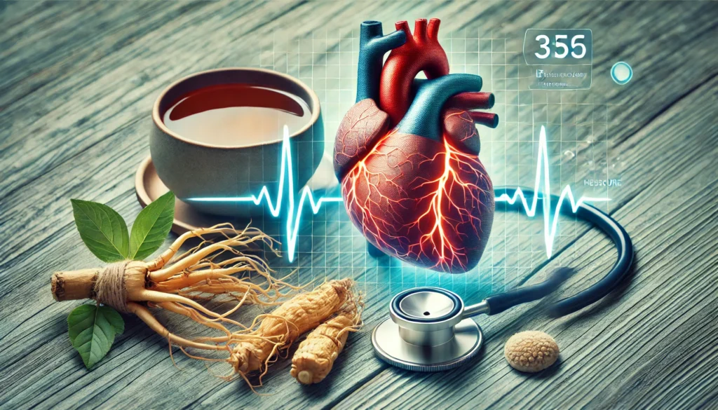 A conceptual image featuring a human heart with highlighted arteries, fresh ginseng roots, and a cup of herbal tea, visually representing blood circulation, natural remedies, and cardiovascular health.