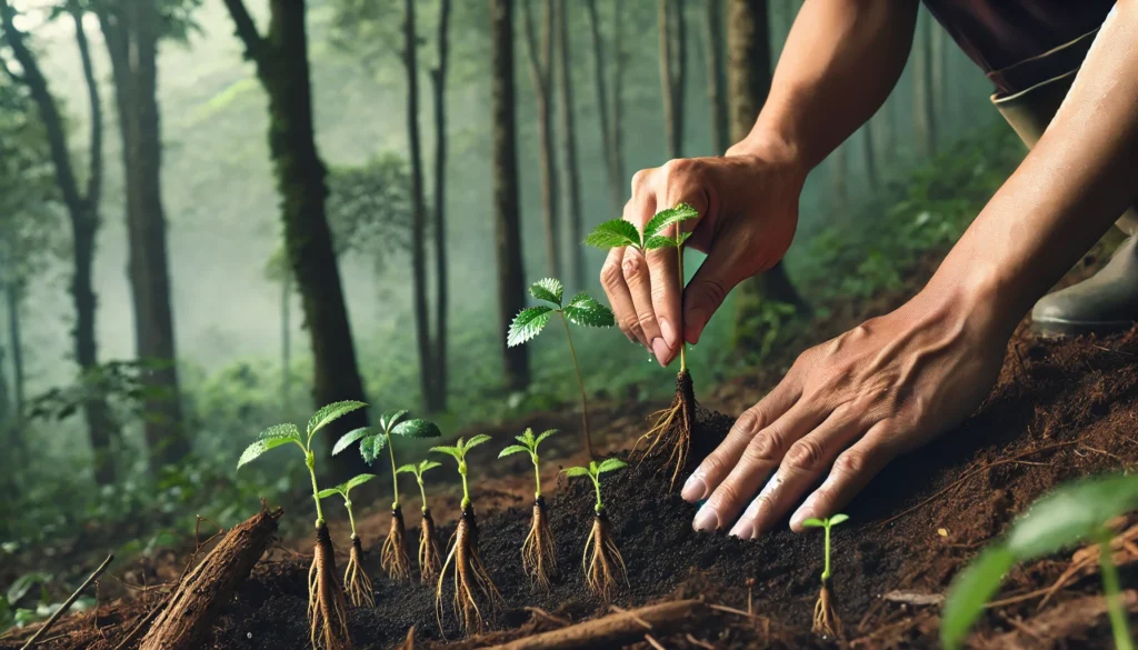 A conservationist's hands carefully planting young ginseng seedlings in a misty forest reserve, symbolizing sustainable harvesting and ecological preservation efforts.