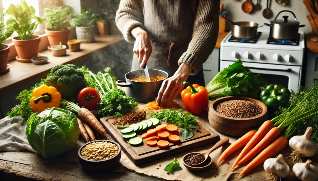 A cozy kitchen scene featuring a person chopping fresh vegetables on a wooden cutting board, with a pot of simmering plant-based stew on the stove, surrounded by whole grains, legumes, and herbs, illustrating home-cooked plant-based meal preparation.