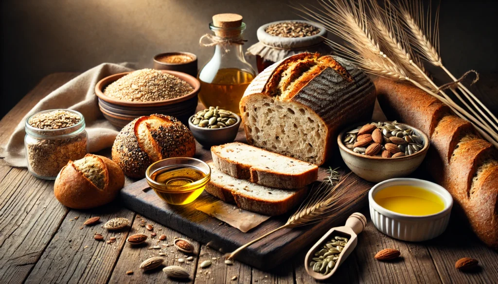 Can I Eat Bread on a Vegan Diet? A Guide to Choosing the Best Plant-Based Options 2 A rustic wooden table displaying an assortment of freshly baked vegan bread, including a sliced whole wheat loaf, multigrain rolls, and a sourdough boule, accompanied by bowls of seeds, nuts, and olive oil for dipping.
