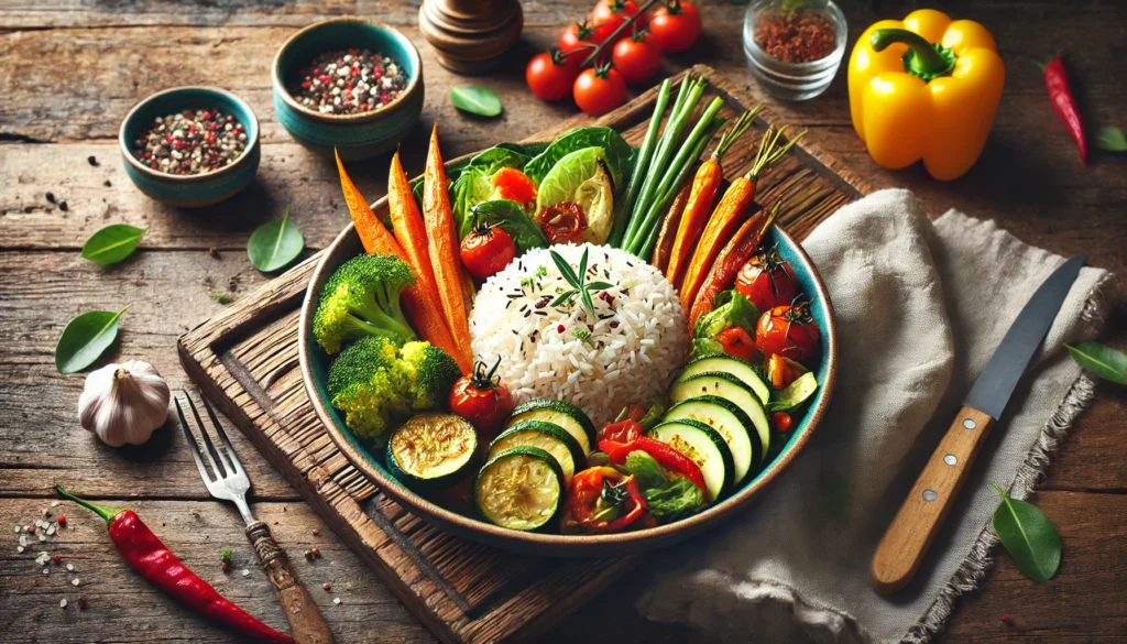 Can You Eat Rice on a Plant-Based Diet? Nutrition Facts, Health Benefits, and Best Options 2 A vibrant plant-based meal featuring rice as the main ingredient, accompanied by roasted vegetables like carrots, zucchini, and bell peppers, beautifully plated on a rustic wooden table.