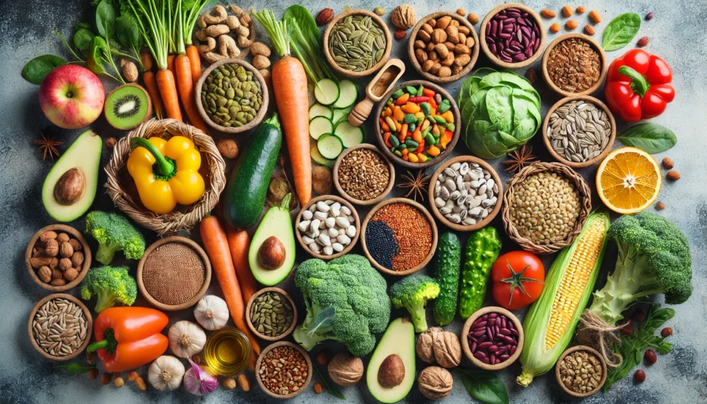 Best Clean Whole Foods for Optimal Health: A Guide to Nutrient-Dense Eating 2 A colorful flat-lay of various whole foods such as fresh vegetables, legumes, nuts, seeds, and grains, artistically arranged in bowls and baskets on a stone countertop.