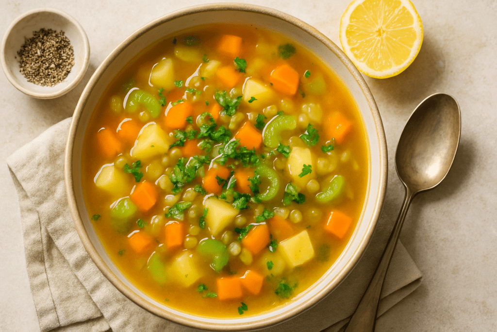 Easy Vegan Soup When Sick: Nourishing Plant-Based Recipes to Soothe and Support Recovery 2 A comforting bowl of creamy plant-based vegetable soup featuring golden broth, tender cubes of carrots and potatoes, and wilted spinach, garnished with chopped parsley and served with a side of breadcrumbs and a vintage spoon—evoking warmth, nourishment, and gentle support for recovery.