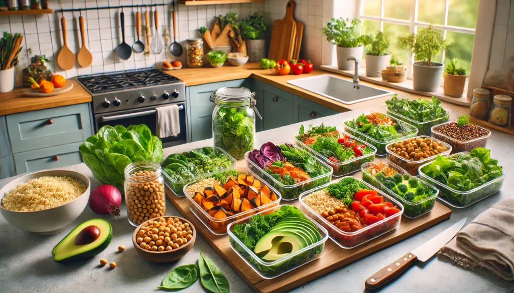 Benefits of Eating Whole Foods: How a Whole-Food Plant-Based Diet Supports Optimal Health 2 A modern kitchen setup with neatly portioned whole-food plant-based meal prep containers, featuring roasted sweet potatoes, quinoa, chickpeas, and fresh greens, promoting healthy eating habits.