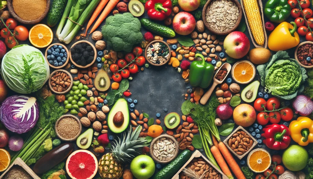 How Eating Whole Foods Can Help You Lose Weight Naturally and Sustainably 2 A top-down view of a bustling farmer’s market filled with a variety of fresh, organic fruits, vegetables, nuts, and grains, symbolizing the core ingredients of a whole food-based diet for natural and healthy weight management.