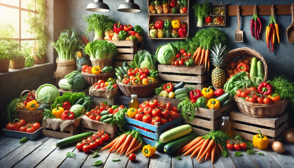 Best Flexitarian Diet Food List: Nutrient-Packed Choices for a Balanced, Plant-Based Lifestyle 2 A bustling farmer's market stall overflowing with fresh organic produce, including tomatoes, bell peppers, carrots, and leafy greens, showcasing the abundance of nutrient-rich plant-based foods.