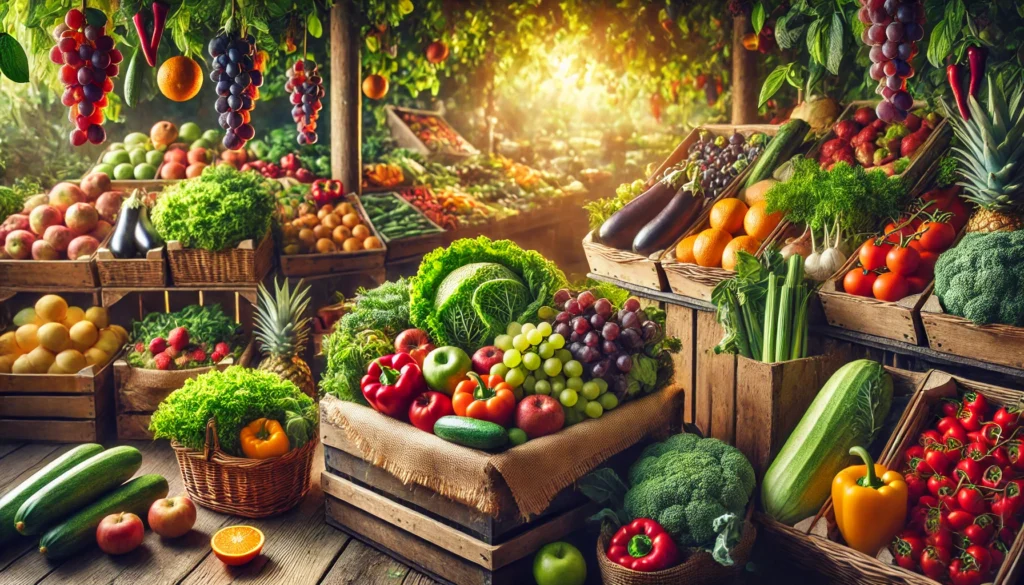 Best Fruit and Veg Diet Plan: How a Whole-Food Approach Supports Health and Longevity 2 A lush farmer’s market scene filled with organic fruits and vegetables in baskets and wooden crates, including apples, oranges, grapes, bell peppers, eggplants, and zucchinis, with golden sunlight filtering through overhead canopies.