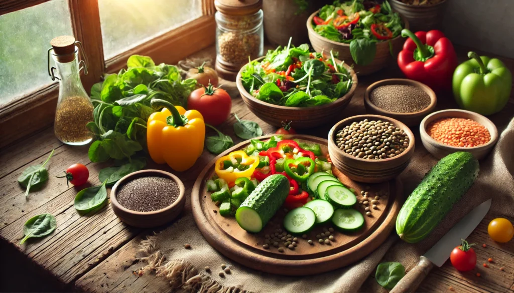 Best High-Fiber, Low-Calorie Foods to Support Weight Loss on a Plant-Based Diet 2 A rustic kitchen setting with high-fiber, low-calorie ingredients being prepared, including freshly chopped vegetables, lentils, and whole grains on a wooden cutting board.