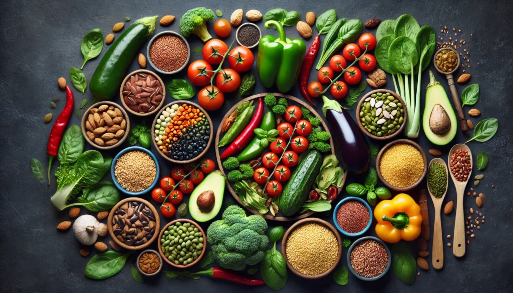 List of Plant-Based Foods: A Comprehensive Guide to Nutrient-Packed Choices for Optimal Health 2 A beautifully arranged flat-lay composition of plant-based foods on a dark slate background, showcasing a variety of vegetables, grains, legumes, nuts, and seeds.