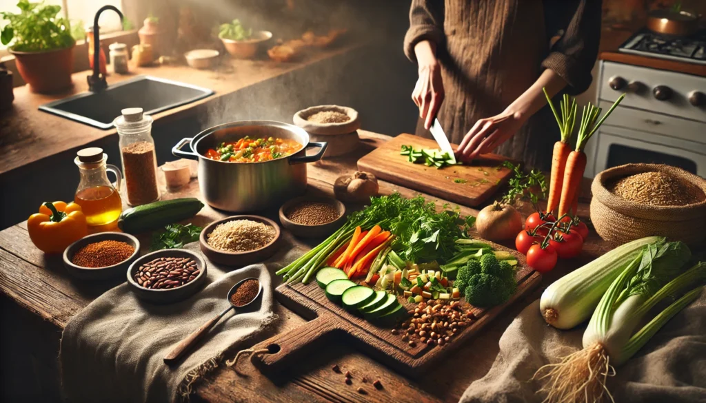 Best Whole-Food Plant-Based Diet Resources: Free Meal Plans, Grocery Lists, and PDFs 2 A cozy kitchen scene showcasing a whole-food plant-based meal preparation process, with a cutting board of fresh vegetables, a steaming pot of stew, and wholesome ingredients on a countertop.