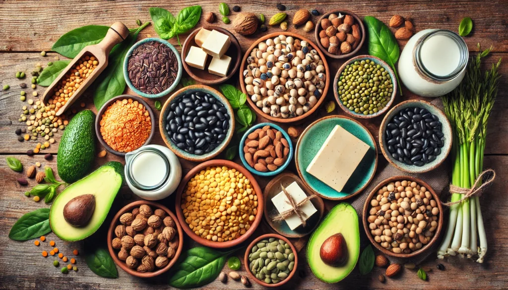 A vibrant flat-lay composition of essential plant-based proteins, featuring legumes, tofu, nuts, seeds, almond milk, leafy greens, and fresh herbs on a rustic wooden table.