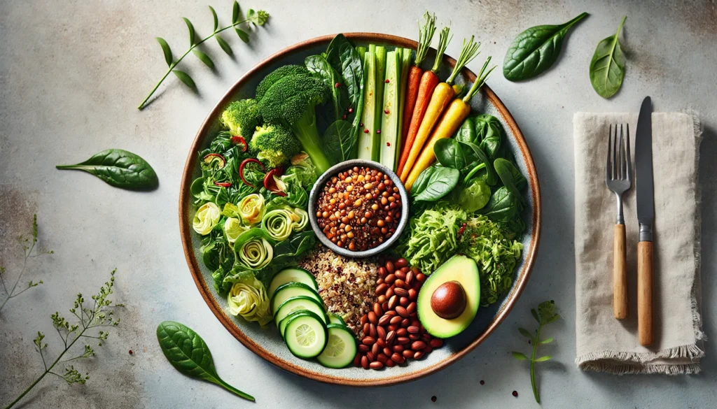 Understanding the Plant-Based Diet: Definition, Benefits, and How to Get Started 2 A visually appealing plate of plant-based meals, featuring a balanced combination of leafy greens, roasted vegetables, quinoa, avocado, and a protein-rich legume dish. The food is presented on an elegant ceramic plate with a minimalistic background.