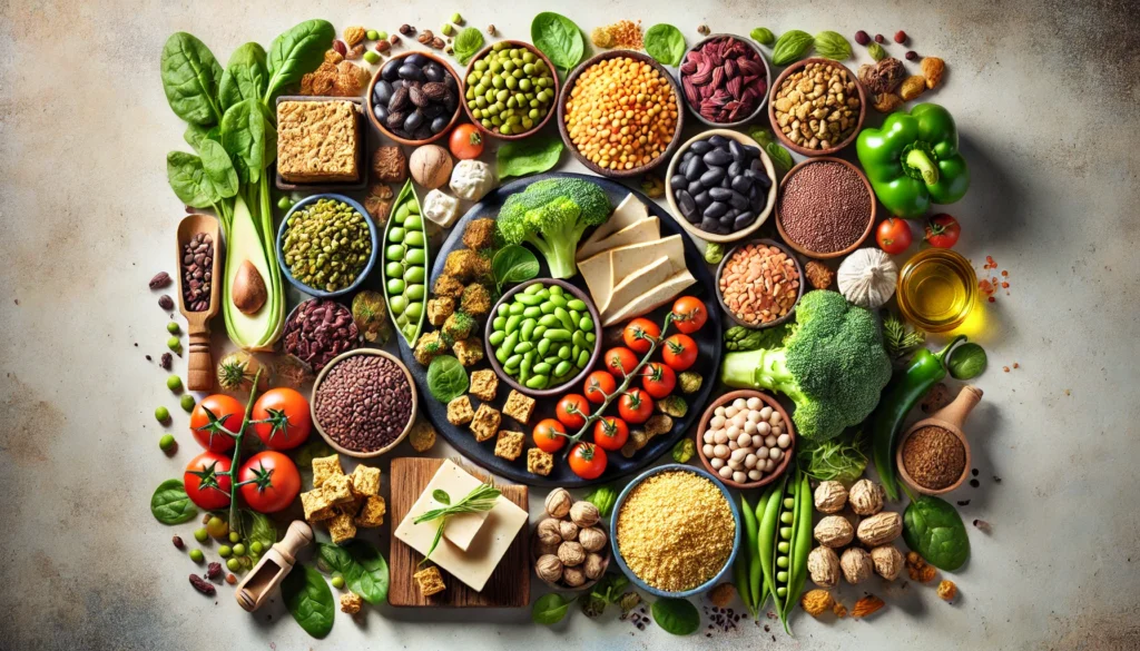 A vibrant flat lay of high-protein plant foods, featuring tofu, tempeh, edamame, lentils, chickpeas, black beans, quinoa, nuts, seeds, spinach, broccoli, and peas on a neutral background.
