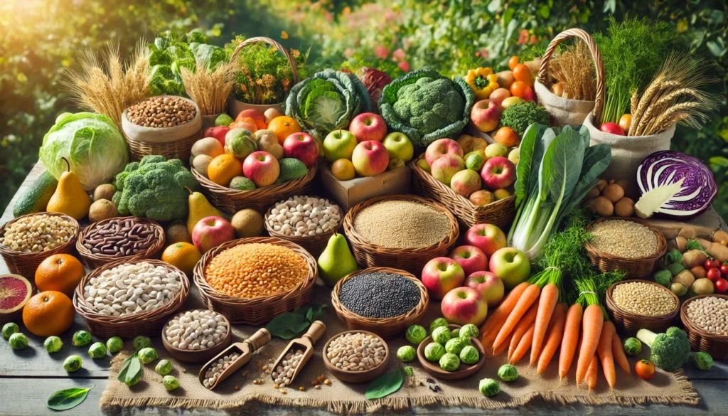 A beautifully arranged farmers' market stall showcasing baskets filled with fiber-rich foods such as legumes, whole grains, fresh apples and pears, and vegetables like carrots, kale, and Brussels sprouts, set in a natural, vibrant outdoor setting emphasizing freshness and health benefits.