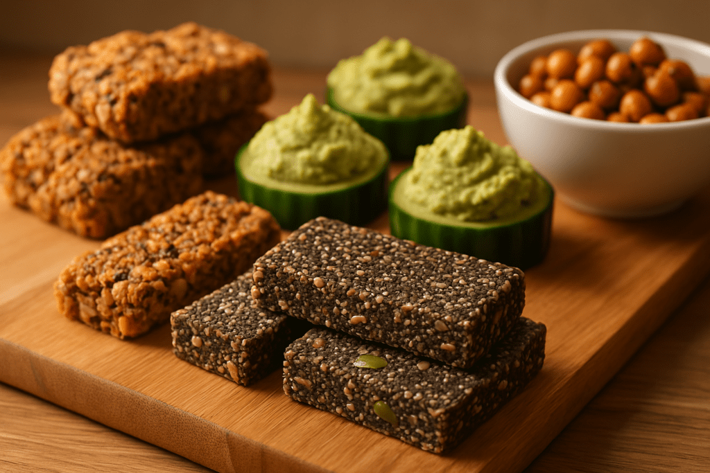 10 Gluten-Free Vegan Snack Recipes Packed with Nutrition: Easy, Delicious Ideas for Plant-Based Living 2 Close-up of hummus-stuffed cucumber slices arranged neatly on a marble surface, surrounded by bowls of fresh broccoli and extra hummus. The cool, clinical lighting enhances the clean textures and vibrant green hues, highlighting this nutrient-dense, gluten-free vegan snack idea for plant-based living.