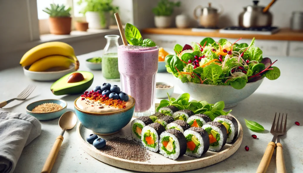 A beautifully arranged raw vegan meal on a bright kitchen counter, including a smoothie bowl with banana, blueberries, and chia seeds, raw sushi rolls made with cauliflower rice and vegetables, and a fresh green salad with pomegranate seeds and citrus vinaigrette.