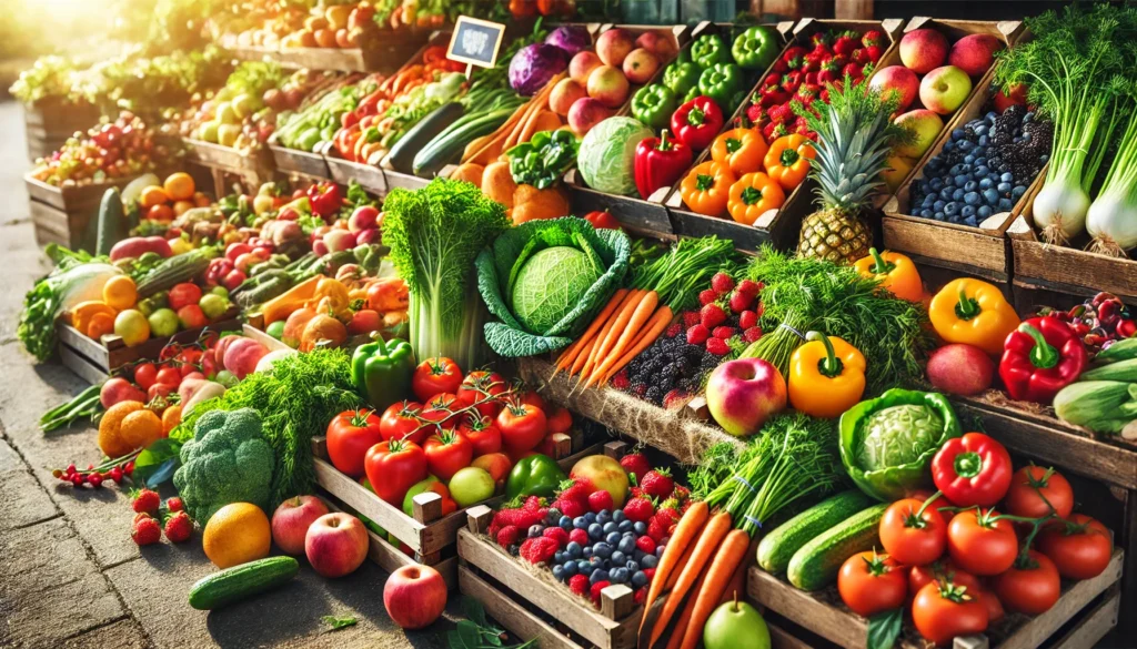 The Power of an Unprocessed Food Diet: How Eating Whole Foods Supports Long-Term Health 2 A beautifully arranged wooden table with a variety of whole foods, including nuts, seeds, legumes, fresh fruits, and vegetables like avocados and grains, showcasing natural textures and colors.