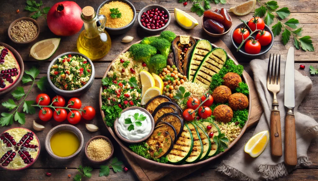 How to Start a Vegetarian Mediterranean Diet: A Practical Guide to Healthful Eating Backed by Science 2 Close-up of a colorful vegetarian Mediterranean meal featuring roasted eggplant, tabbouleh, falafel, couscous, and grilled zucchini on a rustic table, with olive oil and herbs nearby.