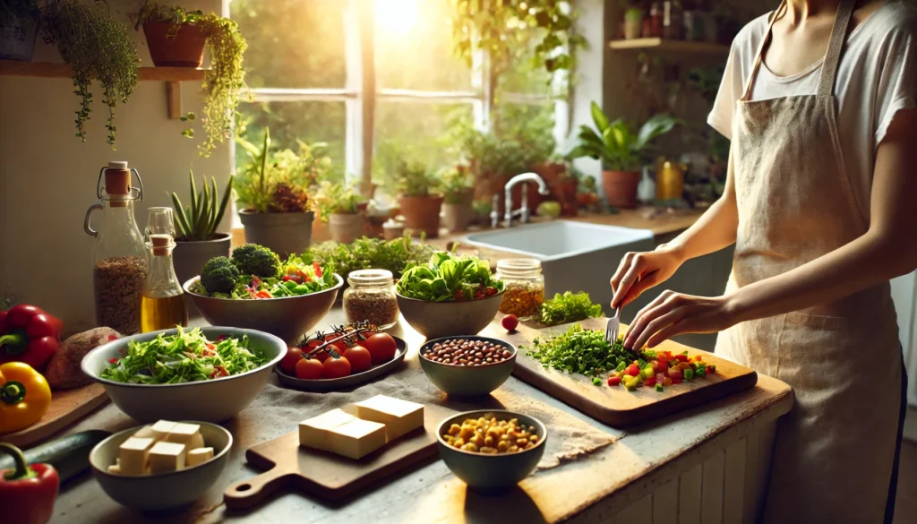 Outdoor farmer’s market with vibrant displays of organic vegetables and fruits, highlighting plant-based living and sustainable shopping practices.