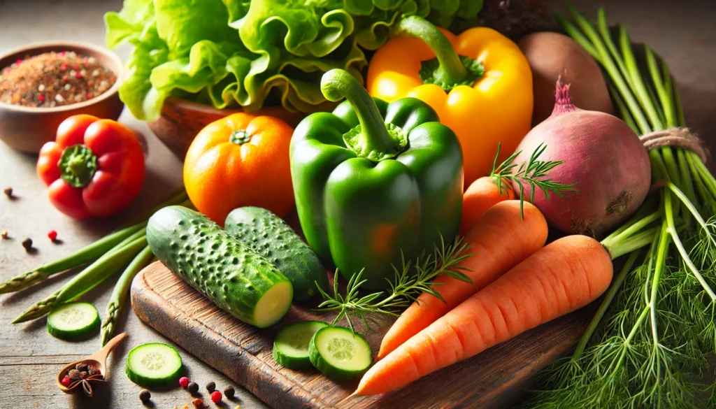 How to Build a Whole Food Diet Plan: Healthy Whole Foods to Include for Optimal Wellness 2 A wooden cutting board filled with colorful vegetables like bell peppers, carrots, and leafy greens, representing the freshness and nutritional value of whole foods.
