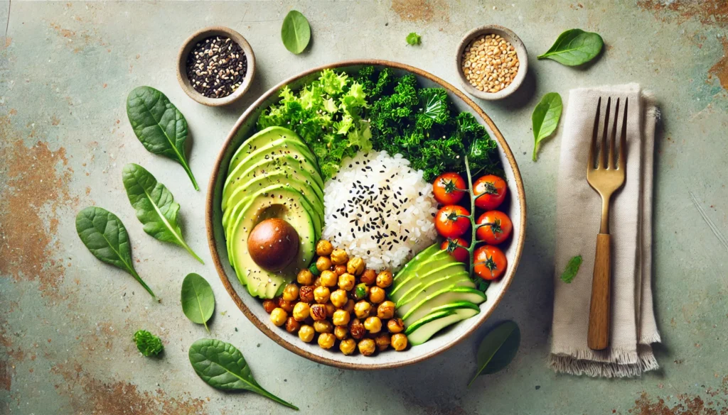 Overhead view of a vibrant vegan rice bowl with white rice, kale, chickpeas, avocado, and sesame seeds, highlighting nutritious plant-based meals.