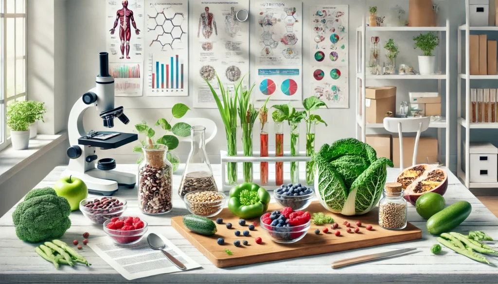 A research setting where whole plant foods like beans, greens, and grains are arranged beside laboratory tools and nutrition charts, symbolizing the science behind plant-based diets.