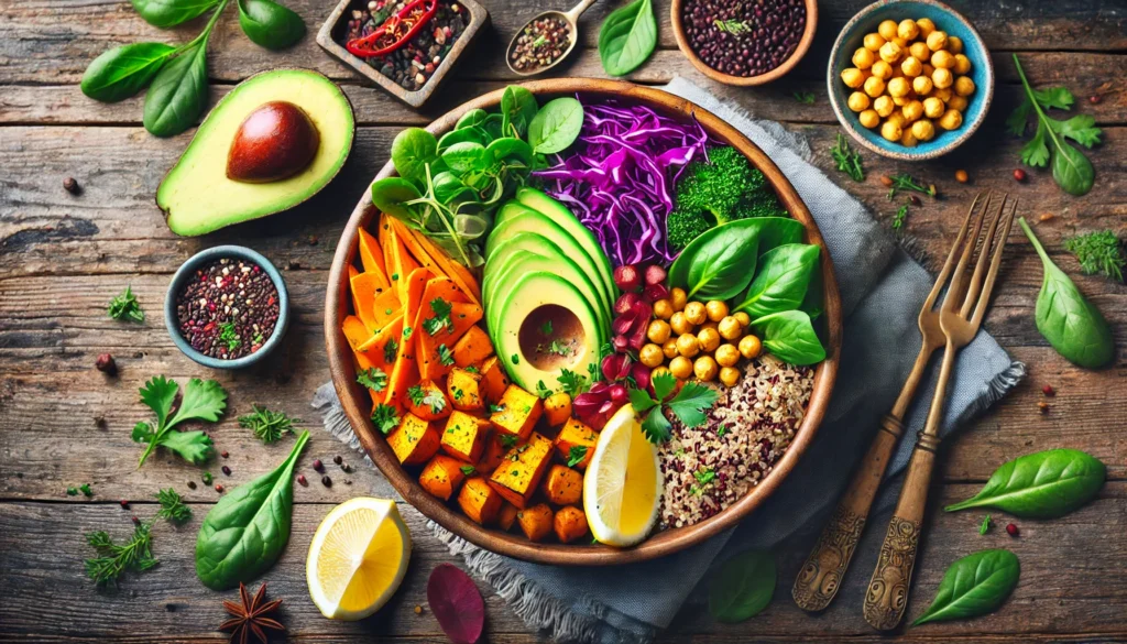 Why Do People Become Vegetarians? Exploring the Top 10 Benefits of a Vegetarian Lifestyle Backed by Science 2 An overhead shot of a colorful vegetarian Buddha bowl featuring sweet potatoes, quinoa, red cabbage, and leafy greens, arranged on a rustic table.