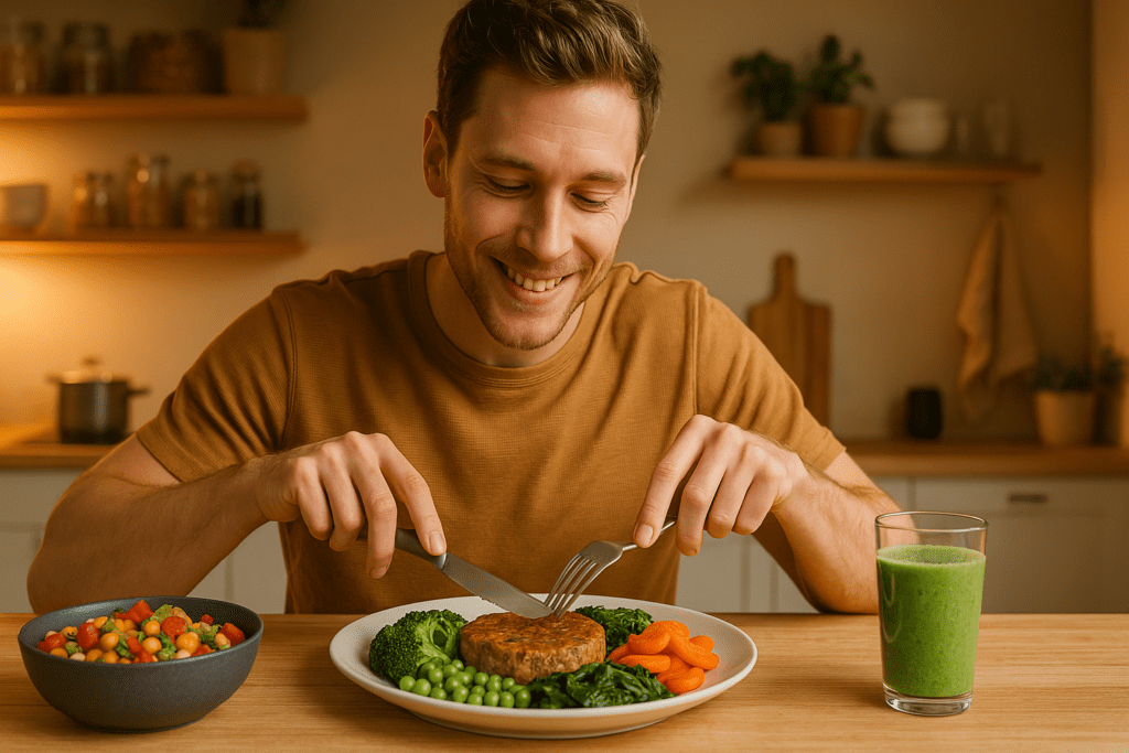 How to Enjoy Healthy Food Without Meat: Science-Backed Tips for Nutritious, Plant-Based Living" 2 A young man smiles as he cuts into a vegetable patty in a cozy kitchen with warm indoor ambient lighting. Surrounded by colorful vegetables and a green smoothie, the scene emphasizes science-backed strategies for healthy plant-based meals without meat.