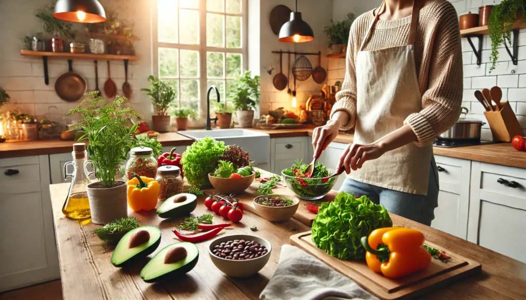 Person preparing a vibrant, nutrient-dense plant-based meal in a cozy modern kitchen with fresh ingredients like avocados, peppers, greens, and herbs.