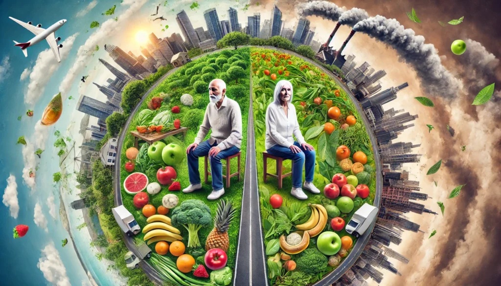 Do Vegans Live Longer Than Meat Eaters? What the Latest Research Says About Vegan Life Expectancy and Longevity 2 An artistic time-lapse image showing two individuals aging differently—one surrounded by nature and plant-based foods, the other by processed food and pollution—illustrating lifestyle impact on aging.