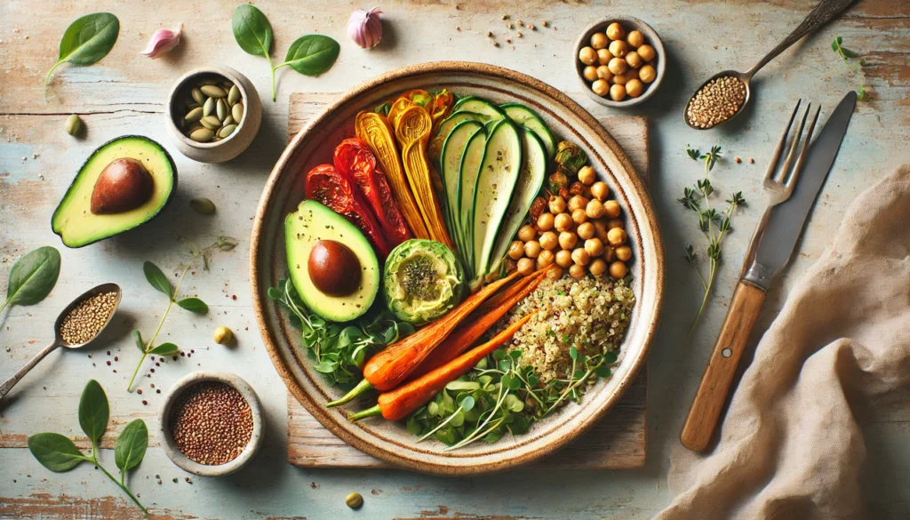 What Happens to Your Body When You Stop Eating Meat? Science-Backed Benefits, Side Effects, and What to Expect 2 A beautifully arranged plant-based meal featuring quinoa, roasted vegetables, avocado, chickpeas, and microgreens on a ceramic plate, symbolizing nutrient-rich eating after stopping meat.