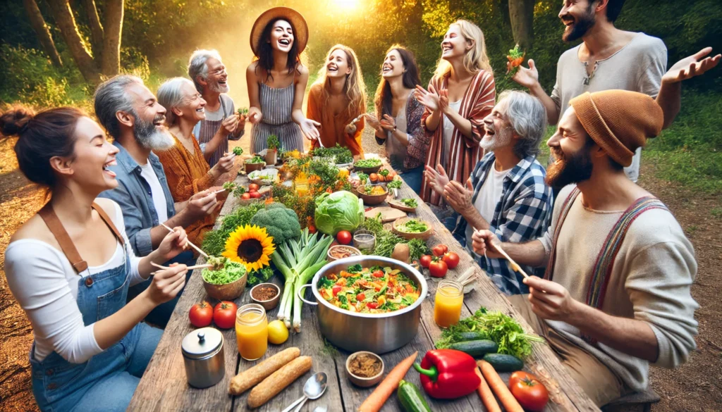 Diverse group of people gathered outdoors in nature, joyfully preparing and sharing a vibrant plant-based meal together, symbolizing community and mindful living.