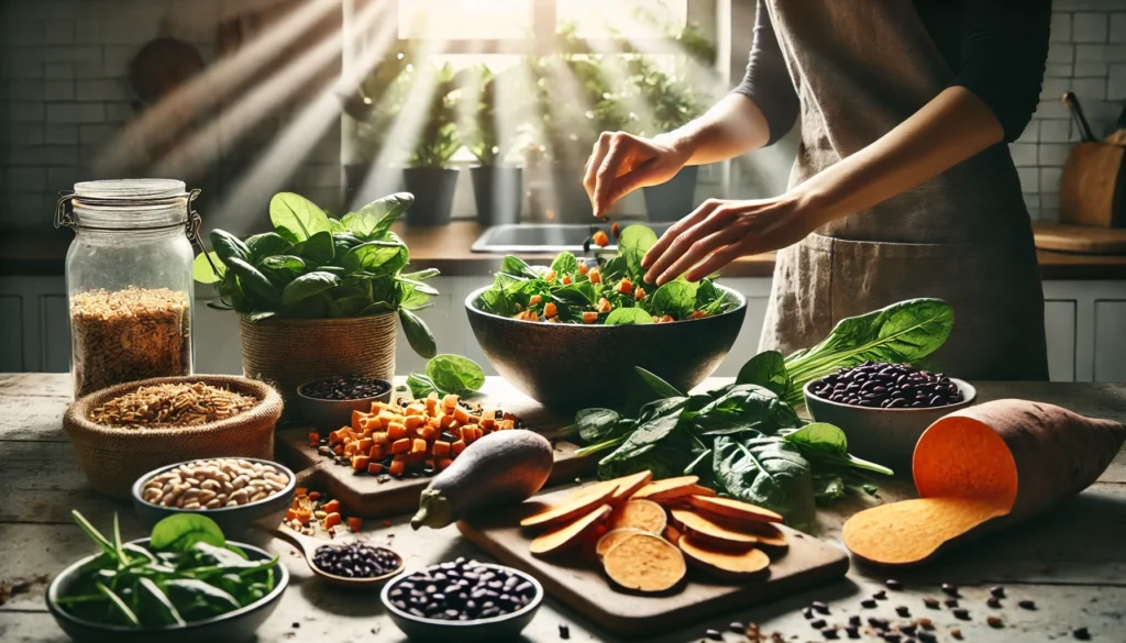 Best Plant-Based Carbs for Energy and Health: What Science Says About Vegetarian Carbohydrates 2 A person’s hands preparing a nutrient-rich plant-based meal with sweet potatoes, leafy greens, whole grain pasta, and black beans in a naturally lit kitchen.