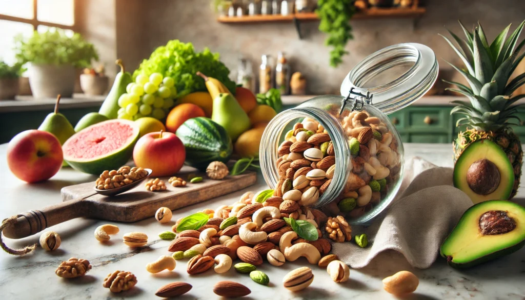 Mixed nuts spilling from a glass jar onto a marble countertop with leafy greens and fruits in the background, evoking a wholesome vegan kitchen scene.