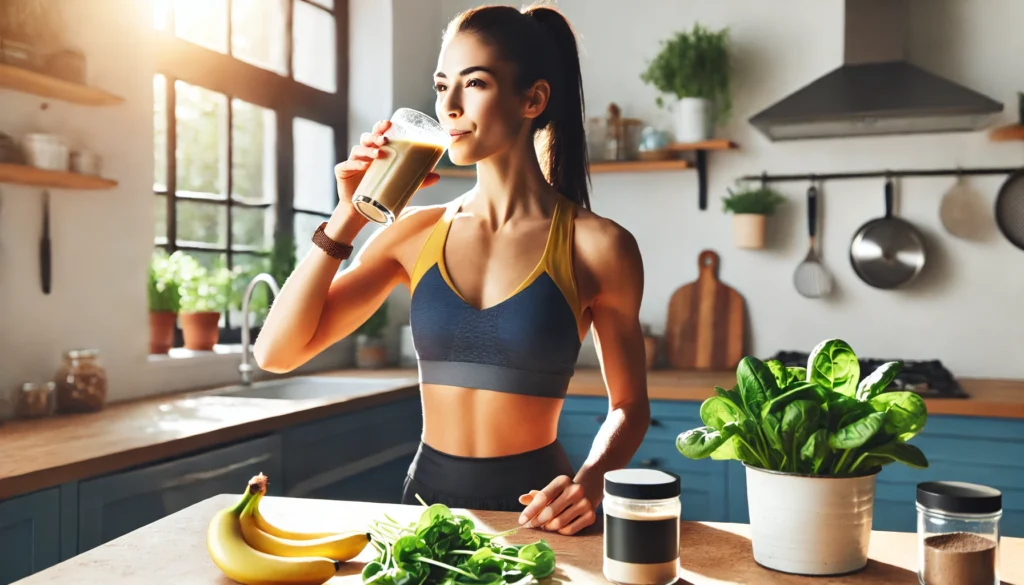 Energetic young woman enjoying a post-workout smoothie in a sunlit kitchen with spinach, banana, and a jar of plant-based protein powder nearby, evoking a healthy lifestyle.