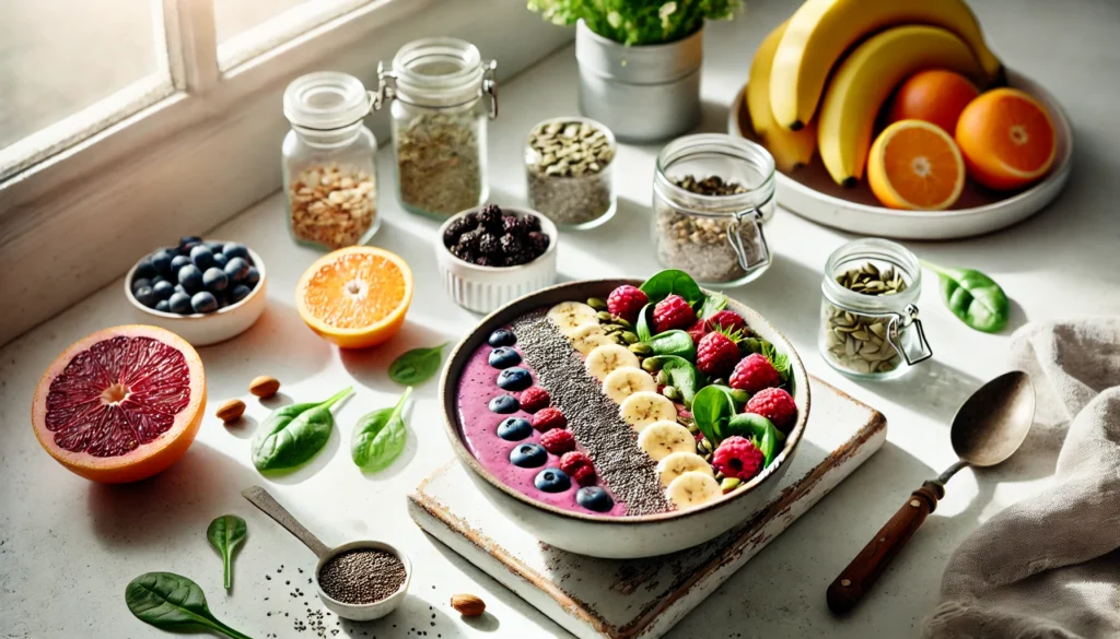 Boost Your Brain and Body: The Best Foods for Energy and Concentration Backed by Science 2 Minimalist kitchen setting with a smoothie bowl made from blended berries, leafy greens, bananas, and chia seeds, surrounded by herbs and nuts in a bright, energizing atmosphere that promotes wellness and vitality.