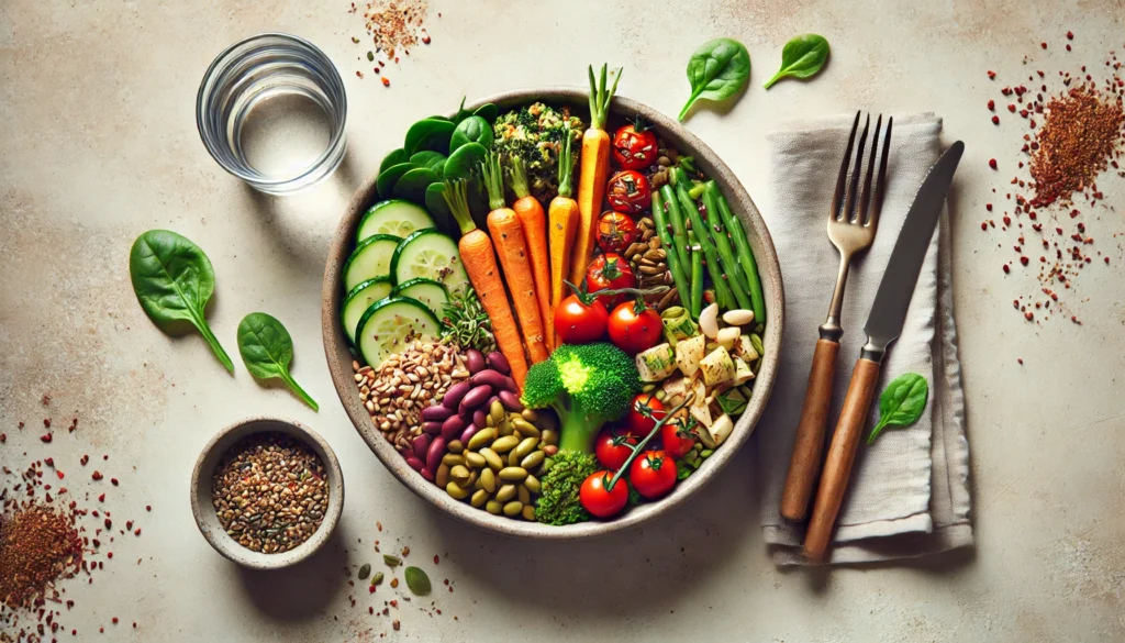 How to Build a Nutrient Dense Diet Plan for Weight Loss and Better Health: What the Science Says 2 Top-down view of a nutrient-rich lunch bowl with roasted vegetables, grains, legumes, and greens, showcasing balanced meals for weight loss and wellness.