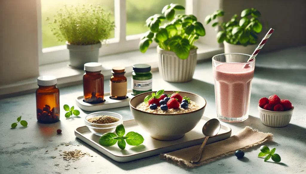 Sunlit wooden table in a kitchen with open vegan supplement bottles, citrus fruits, leafy greens, and a glass of water, symbolizing wholesome nutrition through a plant-based lifestyle.