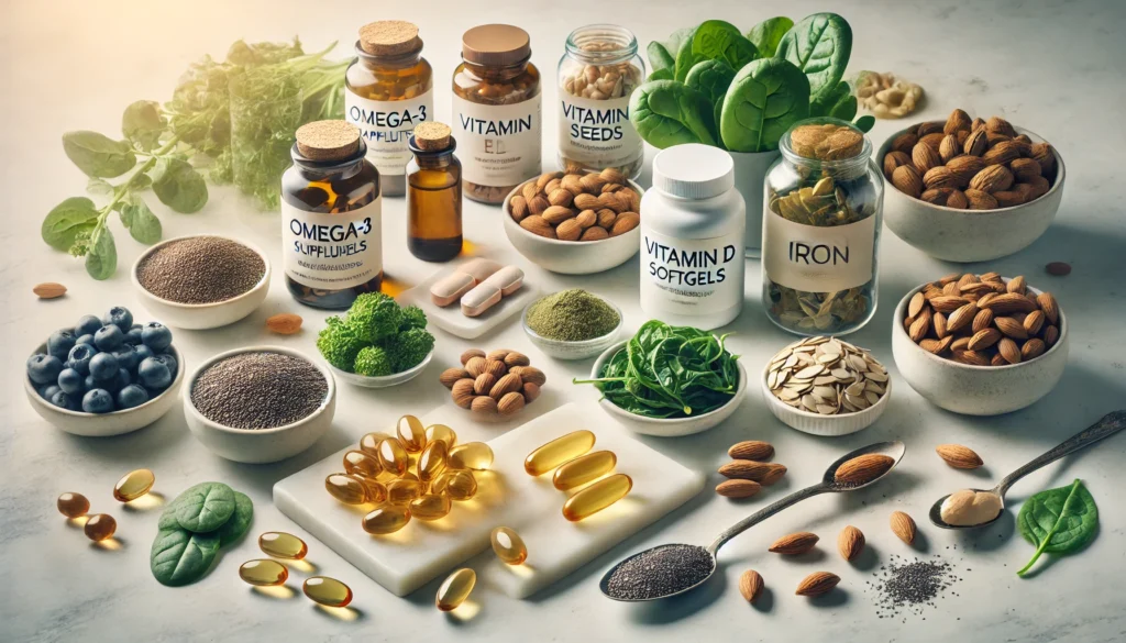 What Vitamins Do Vegetarians Need? Essential Supplements for a Balanced Plant-Based Diet Backed by Science 1 Close-up of vegetarian supplements like omega-3 capsules and iron tablets surrounded by chia seeds, spinach, almonds, and seaweed on a white marble surface.